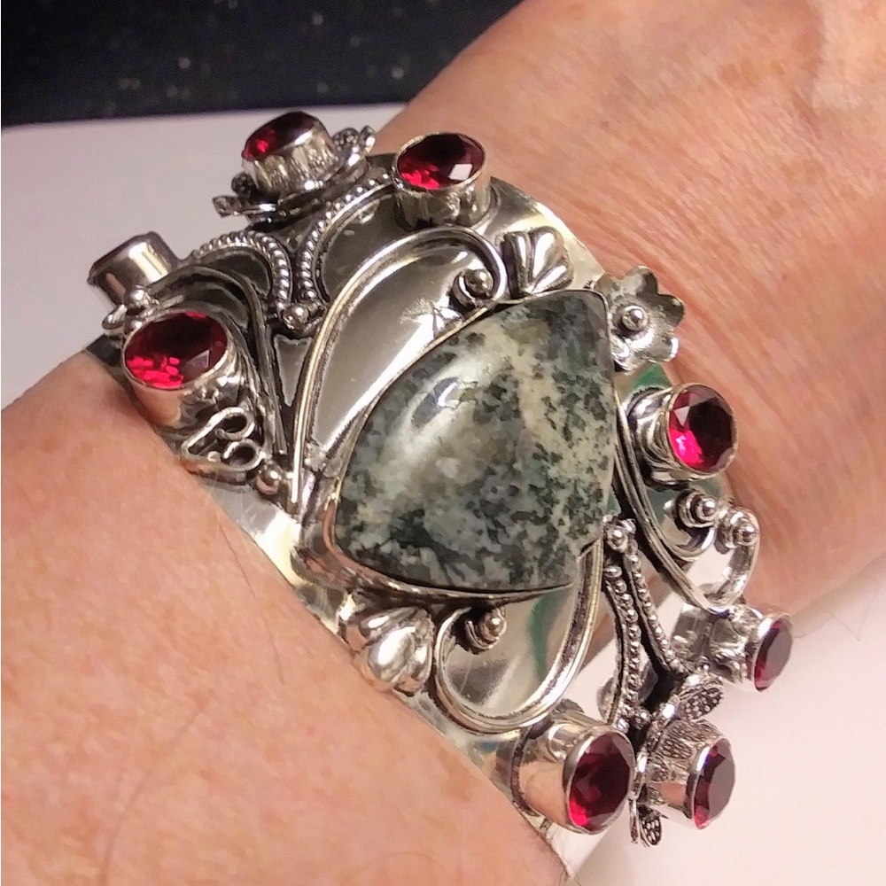 Dendritic Opal Garnet Stamped 925 Sterling Silver Cuff Bracelet